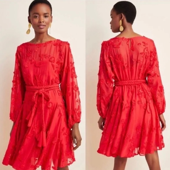 Anthropologie Dresses & Skirts - Anthropologie Mare Mare Textured Red Floral Embroidered Dress with Belt